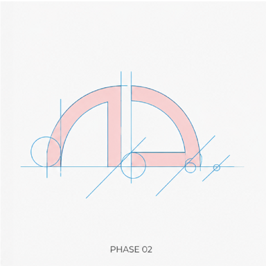 Phase two: the mark rebuilt over a geometric grid of circles and guides.